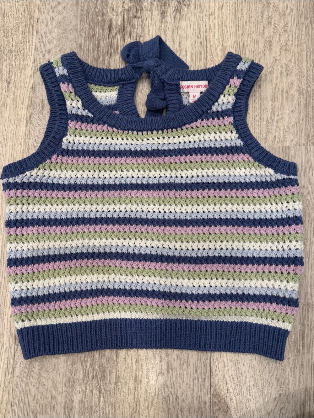 Design History Crochet Knit Stripe Sweater Tank Top Medium Tie Back Crop
